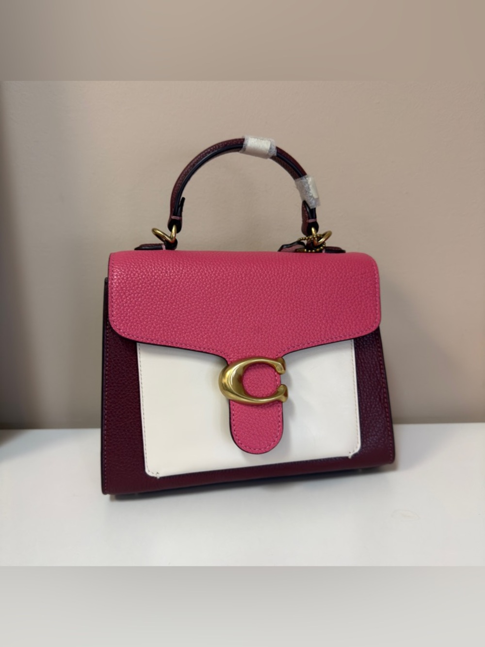 Coach Colorblock Pink White Burgundy Leather Top-Handle Satchel